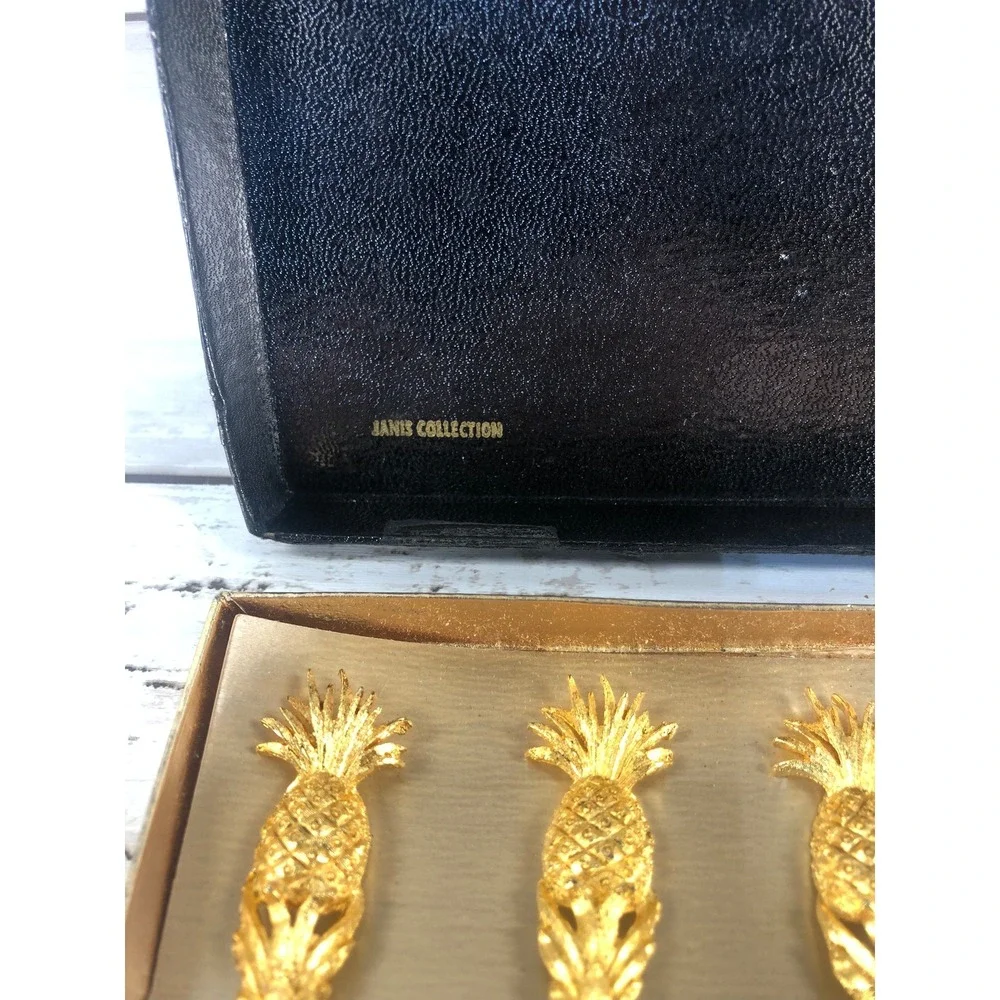 Janis Collection 24K Gold Plated Pineapple Appetizer Fork Set of 6 Vintage Boxed